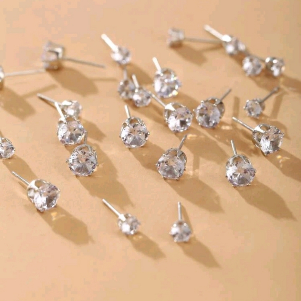 12 Pairs Simulated Diamonds Stud Earrings - Picture 2 of 3